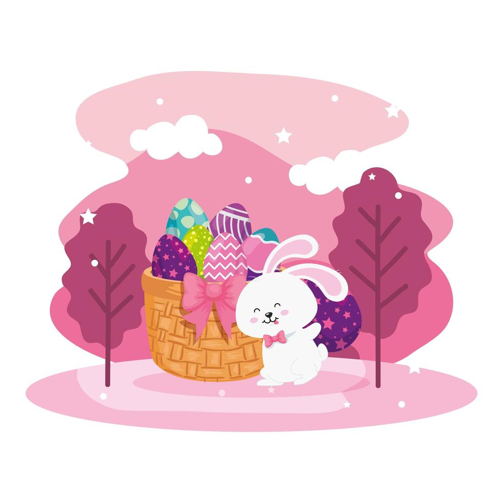 eggs easter in basket wicker with bunny and landscape vector