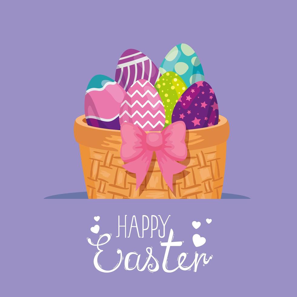 happy easter card with eggs decorated in basket wicker vector