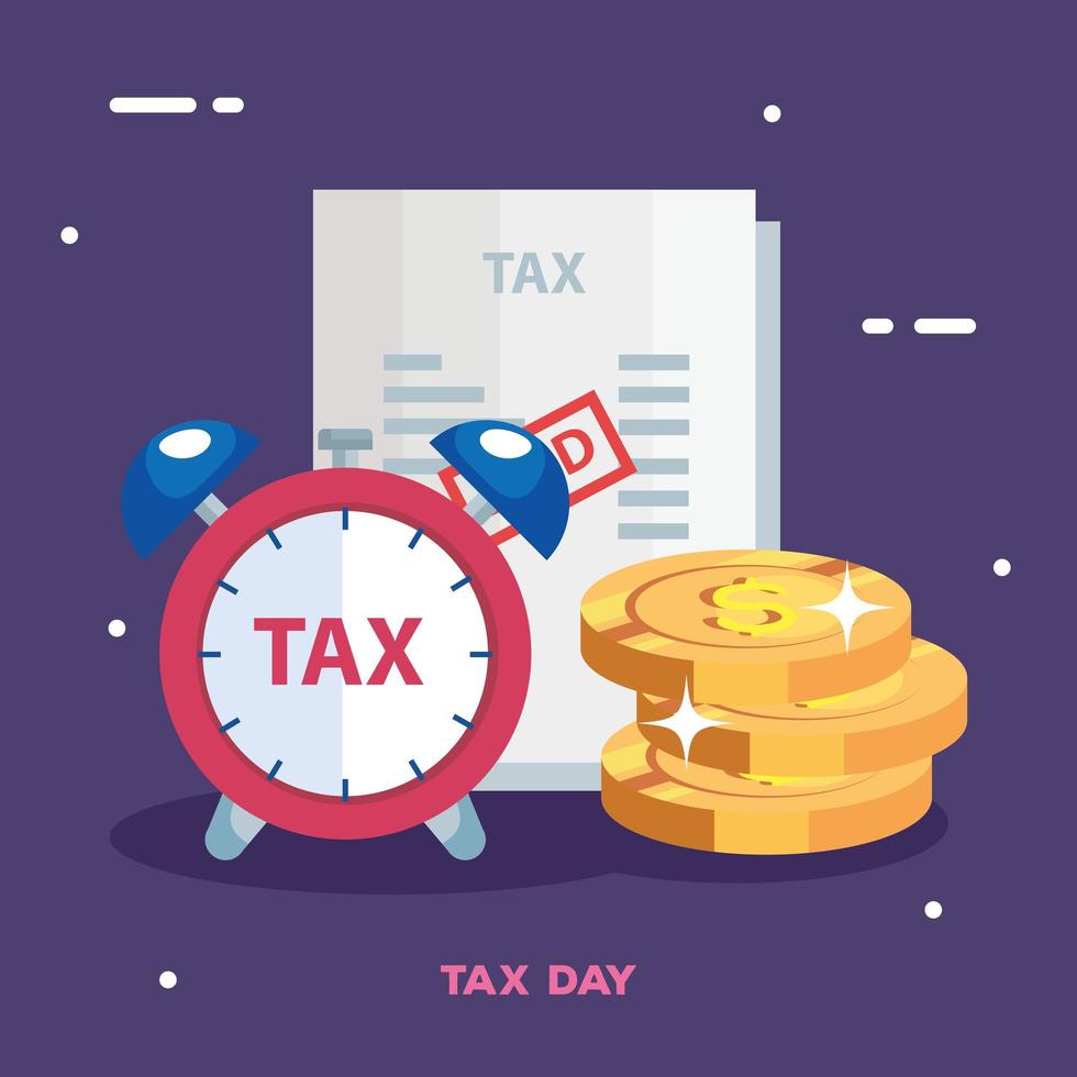 tax day poster with alarm clock and icons vector