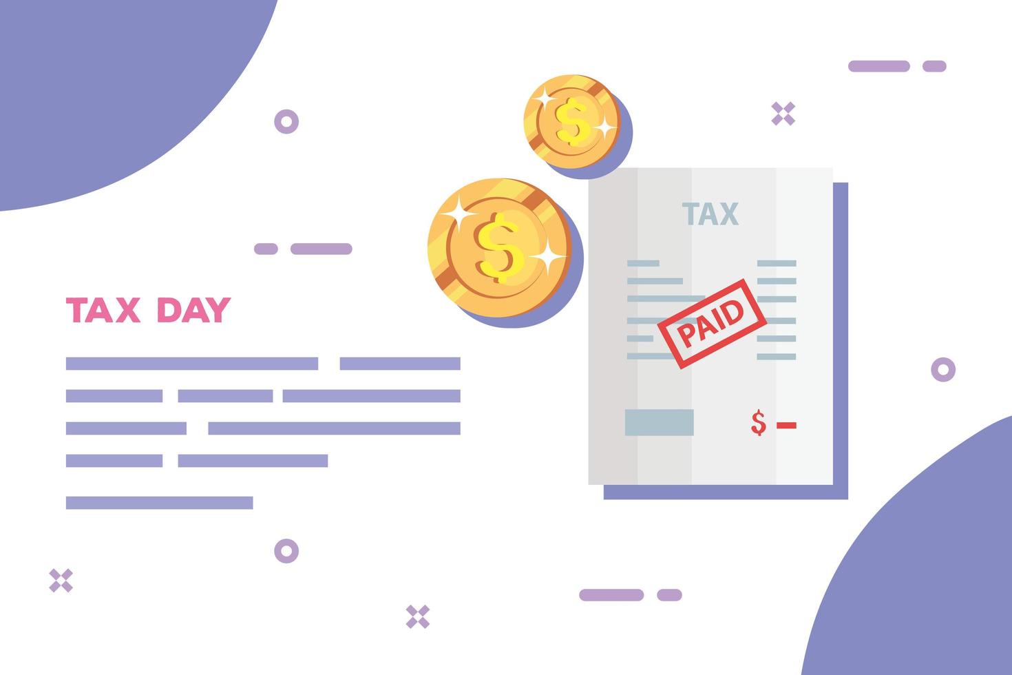 tax day poster with document paid and coins vector