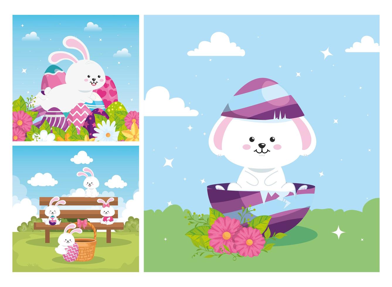 set scenes of happy easter with decoration vector