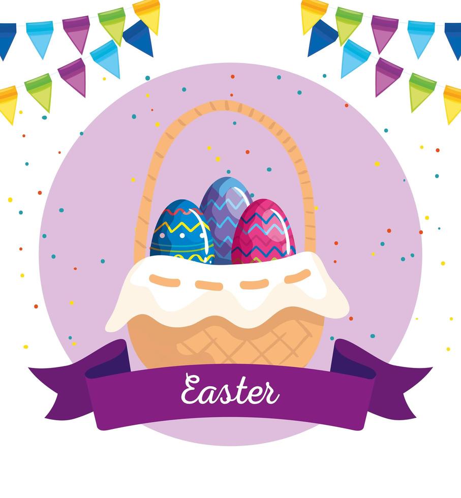 Tarjeta de Pascua feliz con huevos en canasta de mimbre y decoración vector