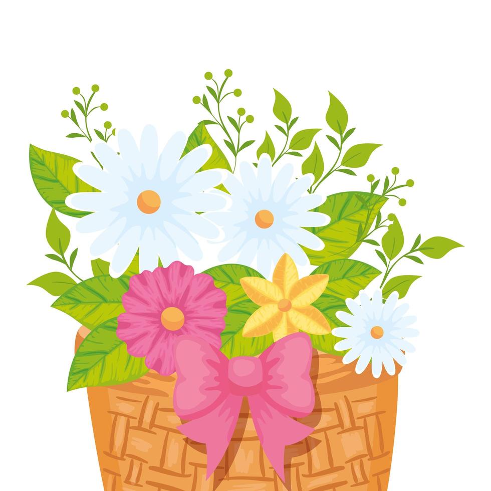 cute flowers with leafs in basket wicker isolated icon vector