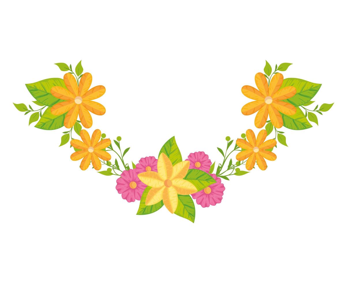 decoration of cute flowers with leafs vector