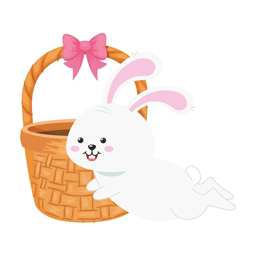 cute rabbit animal with basket wicker vector