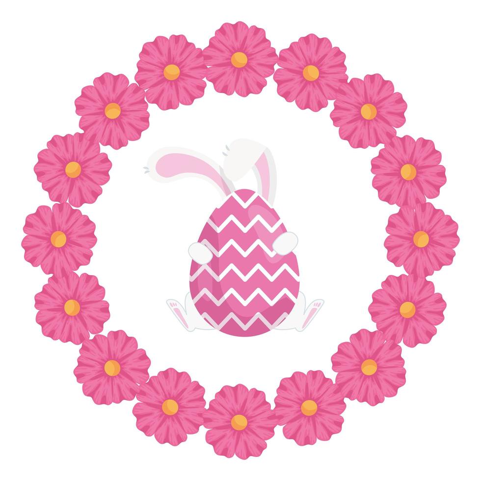 cute egg easter with feet and ears rabbit in frame circular of flowers vector