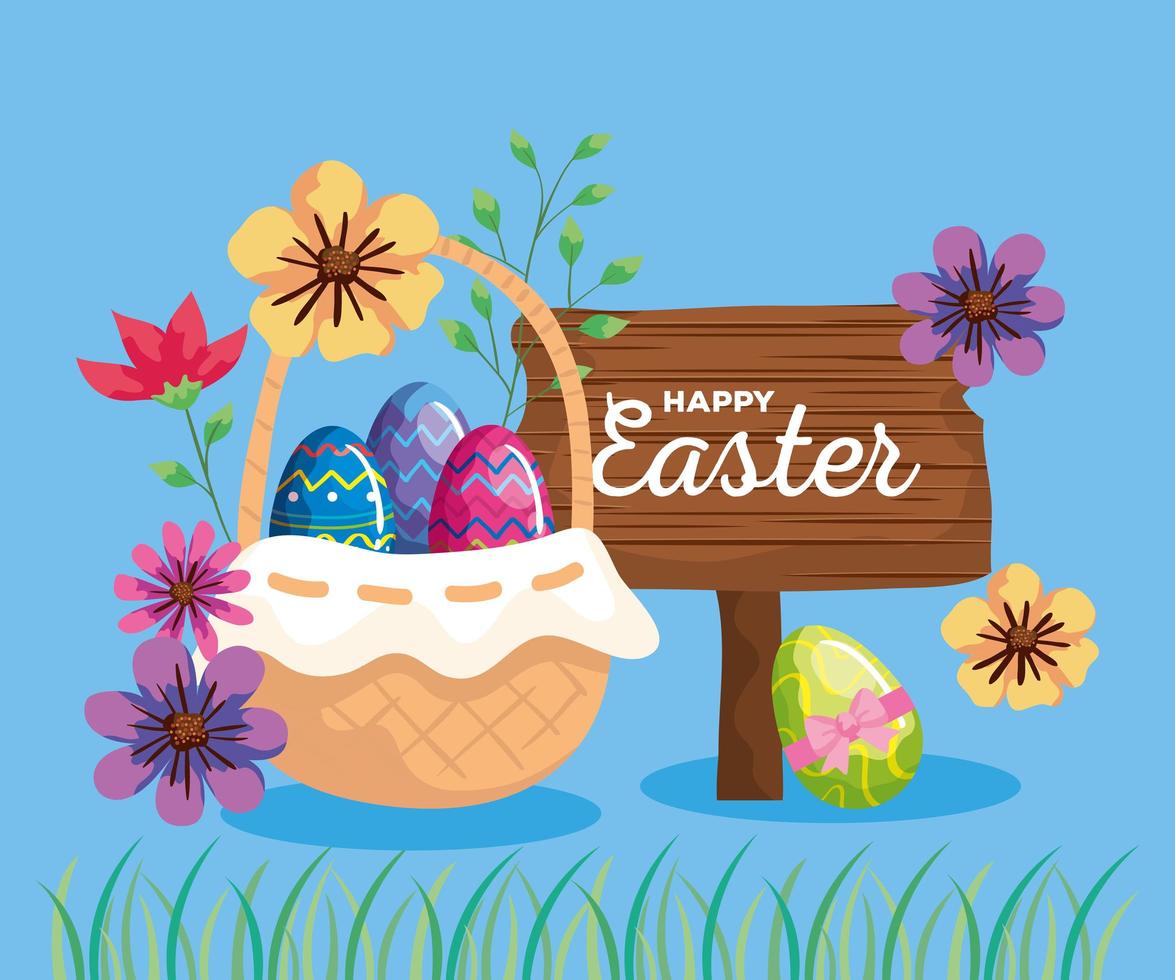 happy easter card with eggs in basket wicker and decoration vector