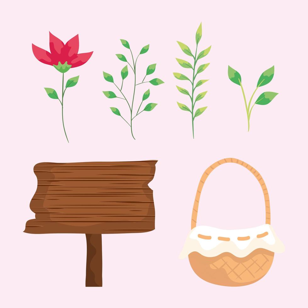 set of basket wicker with flower and signal wooden vector