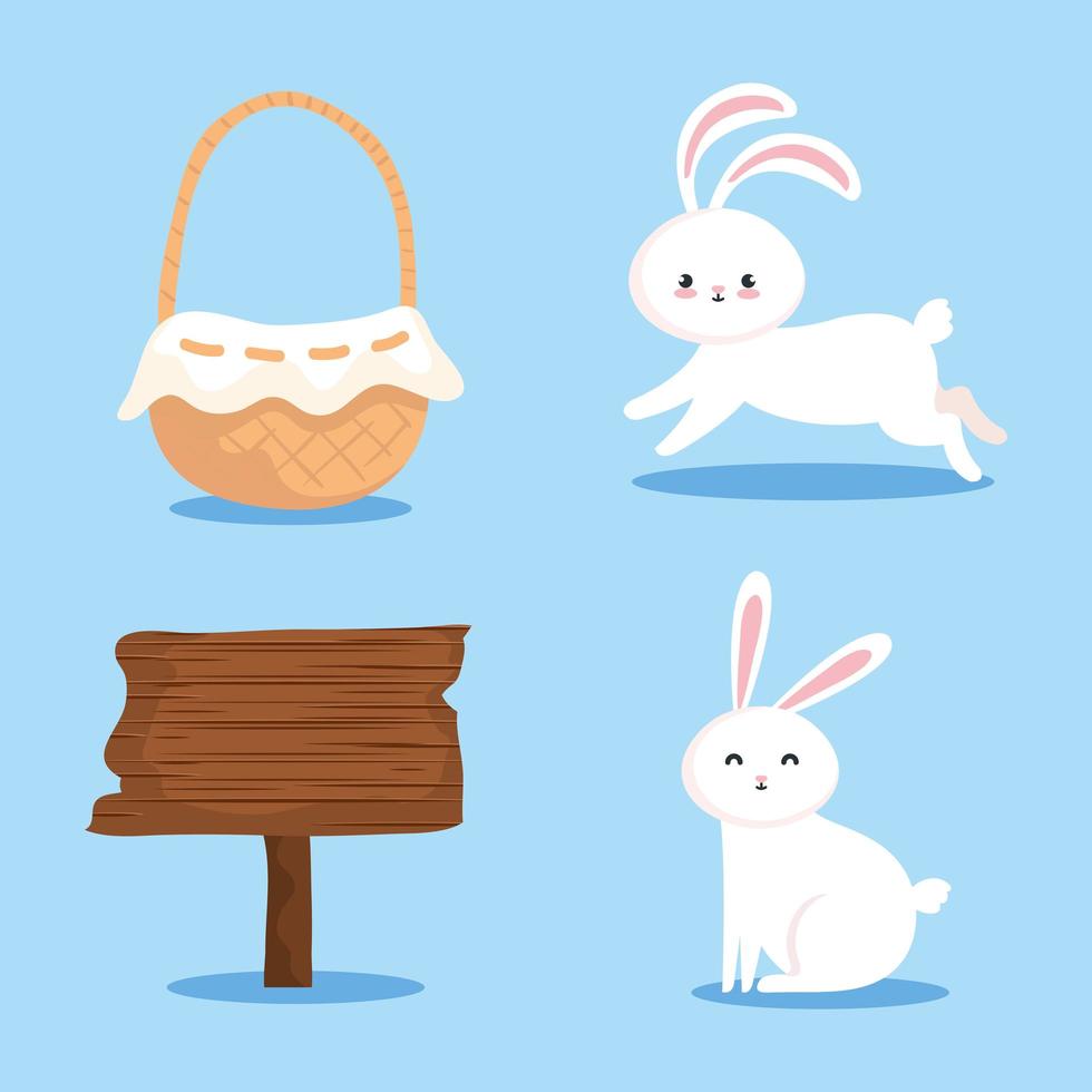 set of rabbits with basket wicker and signal wooden vector