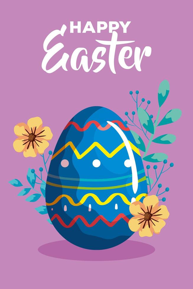 happy easter card with egg decorated and flowers vector