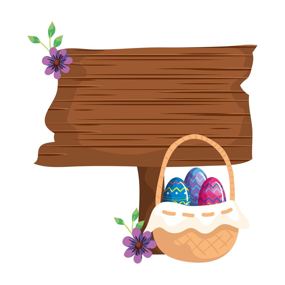 Señal de madera con huevos de pascua y flor. vector