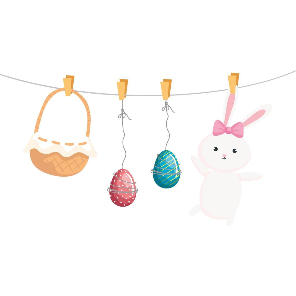 cute rabbit with eggs and basket hanging vector