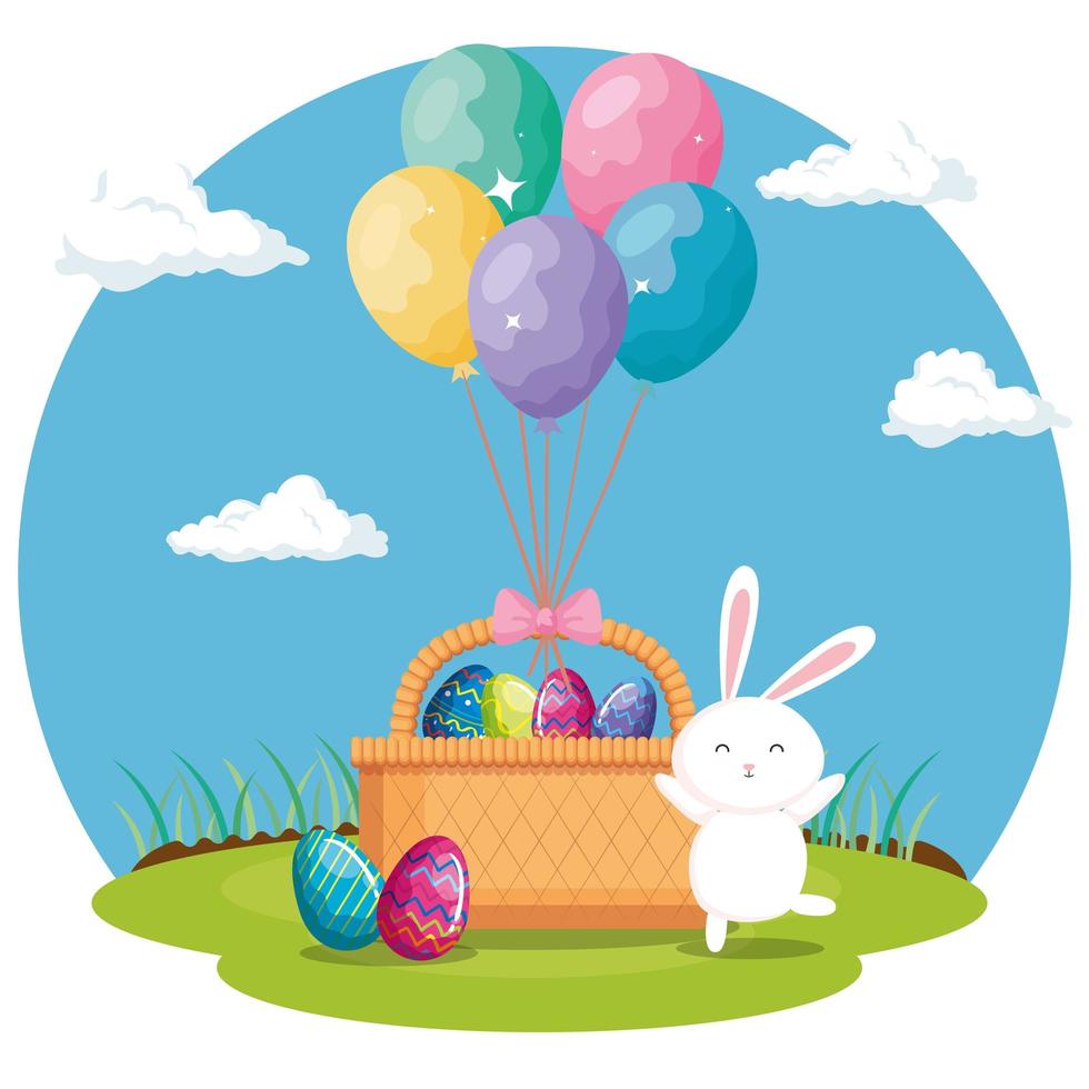 eggs easter in basket wicker with rabbit and balloons helium vector