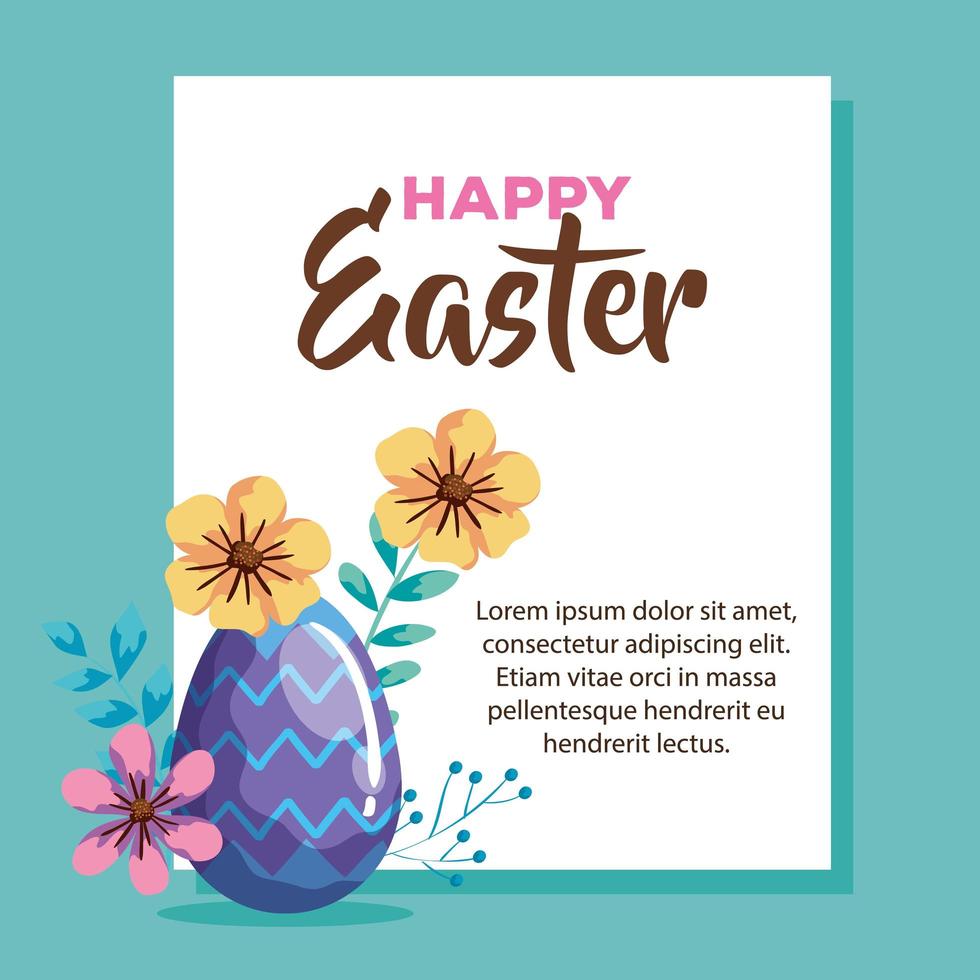happy easter card with egg decorated and flowers vector