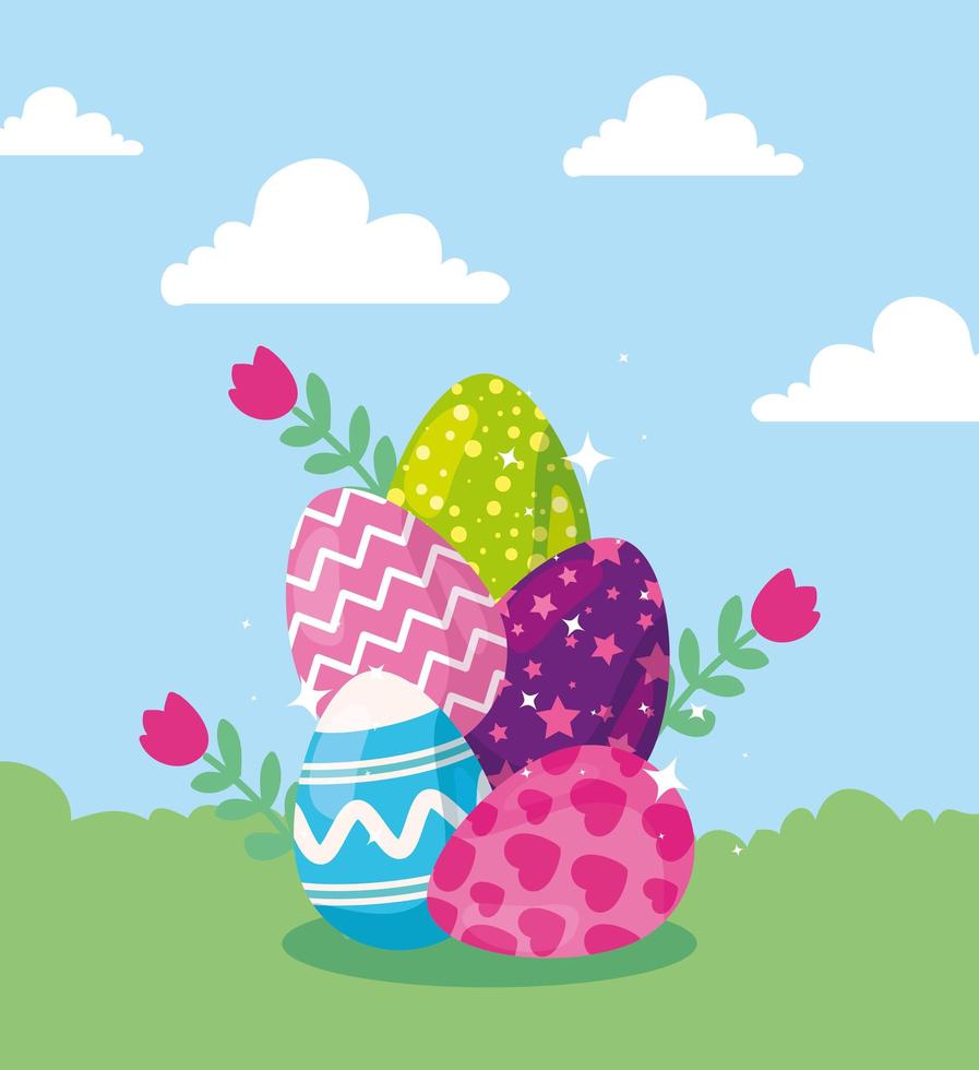 cute eggs easter decorated in landscape vector