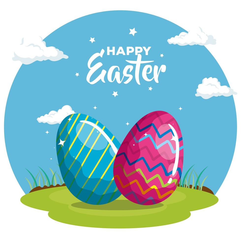 happy easter card with eggs decorated in grass vector