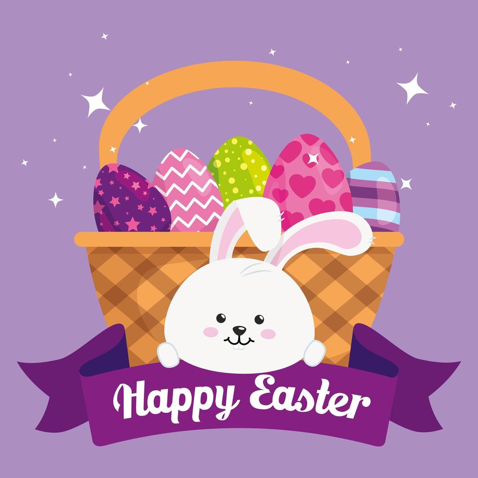 happy easter card with eggs in basket wicker and rabbit vector