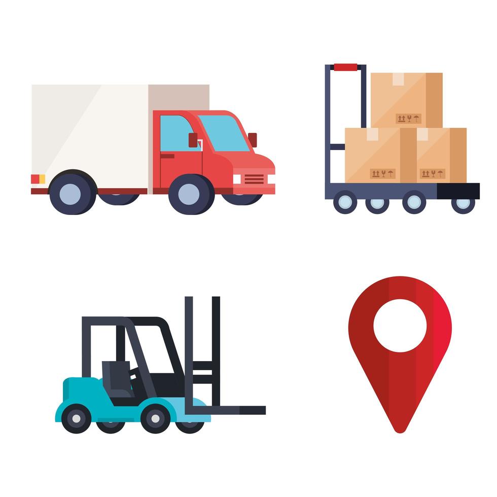 truck forklift boxes over cart and gps mark vector design