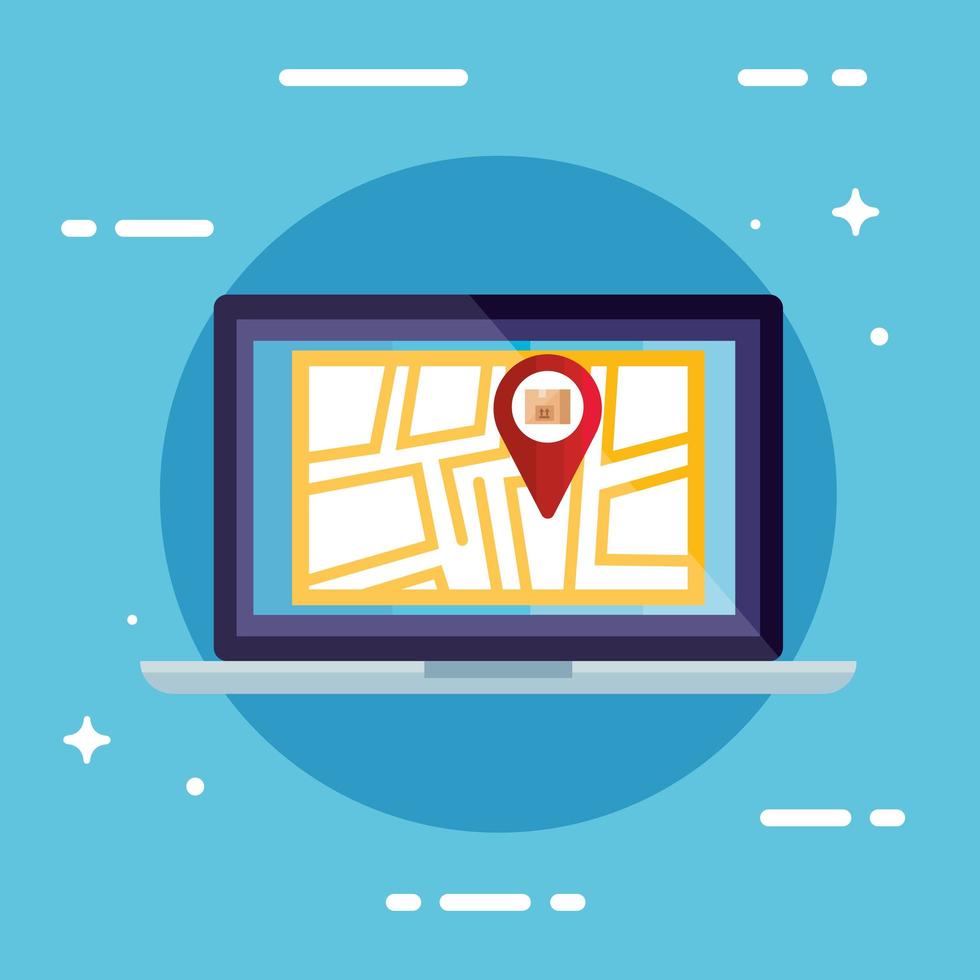 laptop with box inside gps mark and map vector design