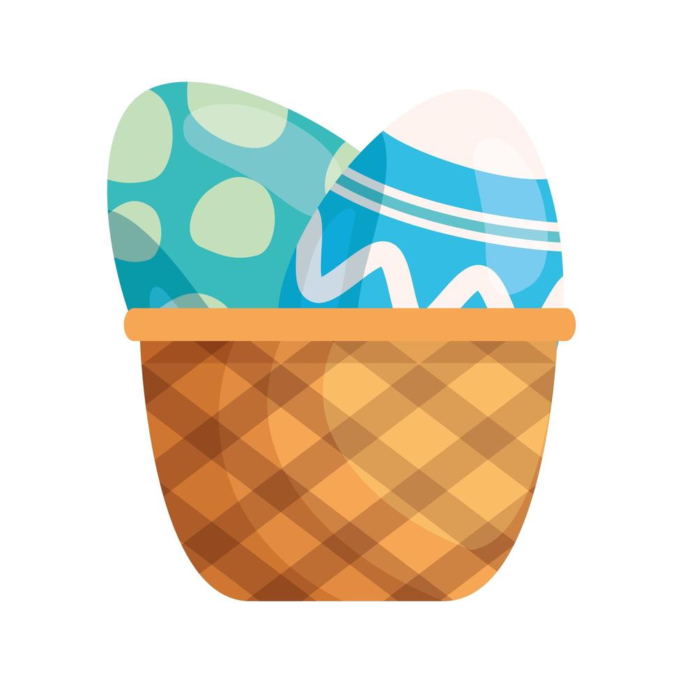 Conjunto de lindos huevos de pascua decorados en canasta de mimbre vector