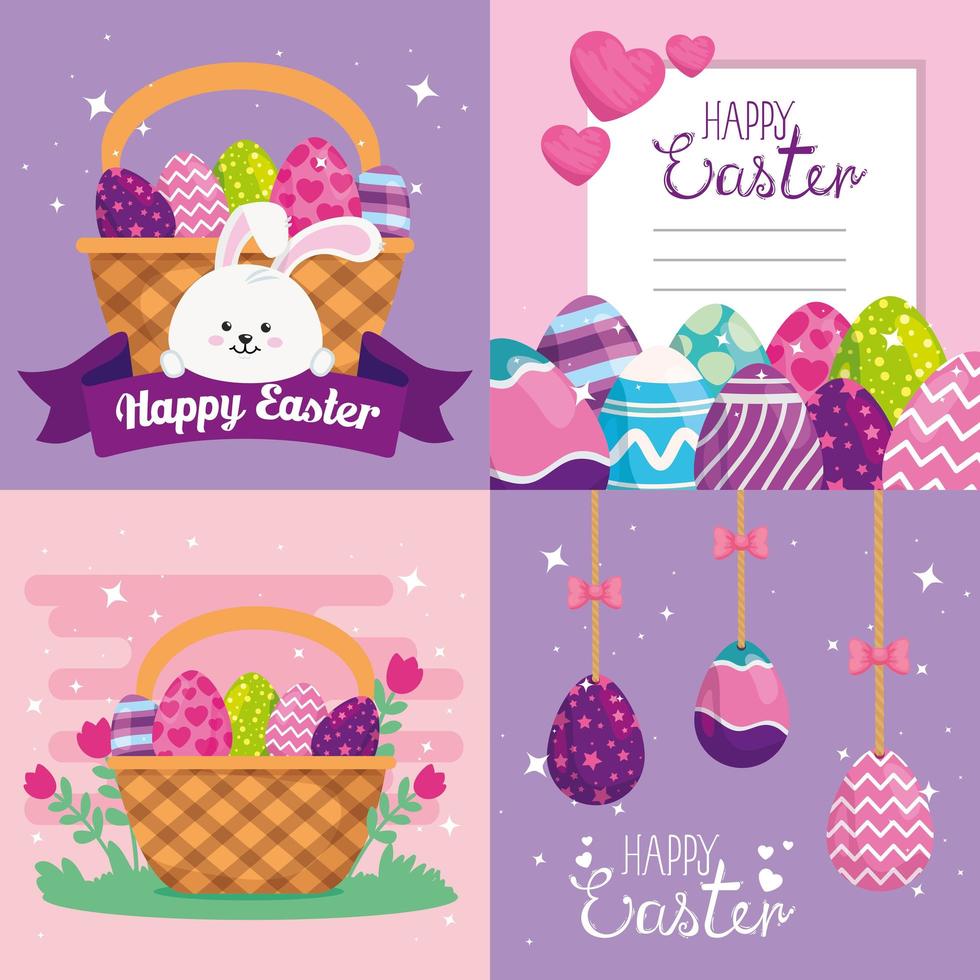 Establecer tarjetas felices pascuas con decoración vector