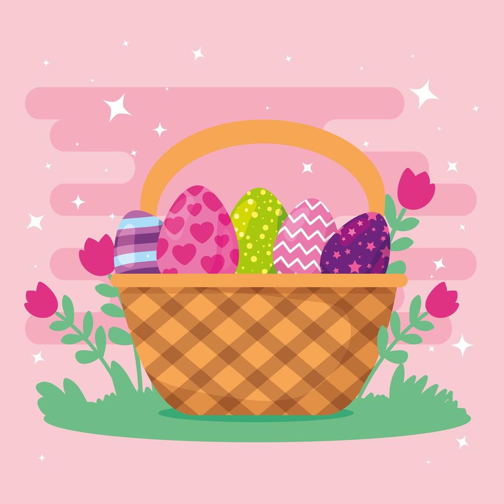 cute eggs easter decorated in basket wicker vector