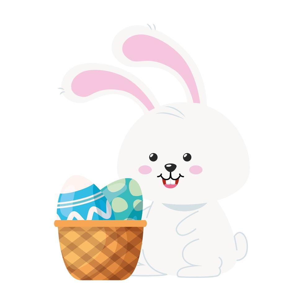 rabbit and set of cute eggs easter decorated in basket wicker vector