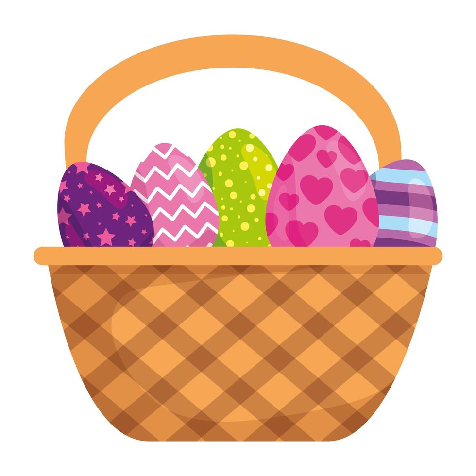 set of cute eggs easter decorated in basket wicker vector