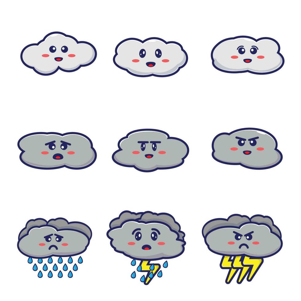 Collection of cute expression clouds set bundle Flat cartoon icon illustration vector