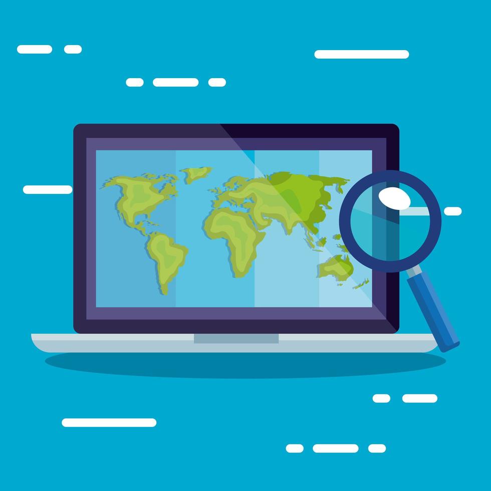 laptop with world map and lupe vector design