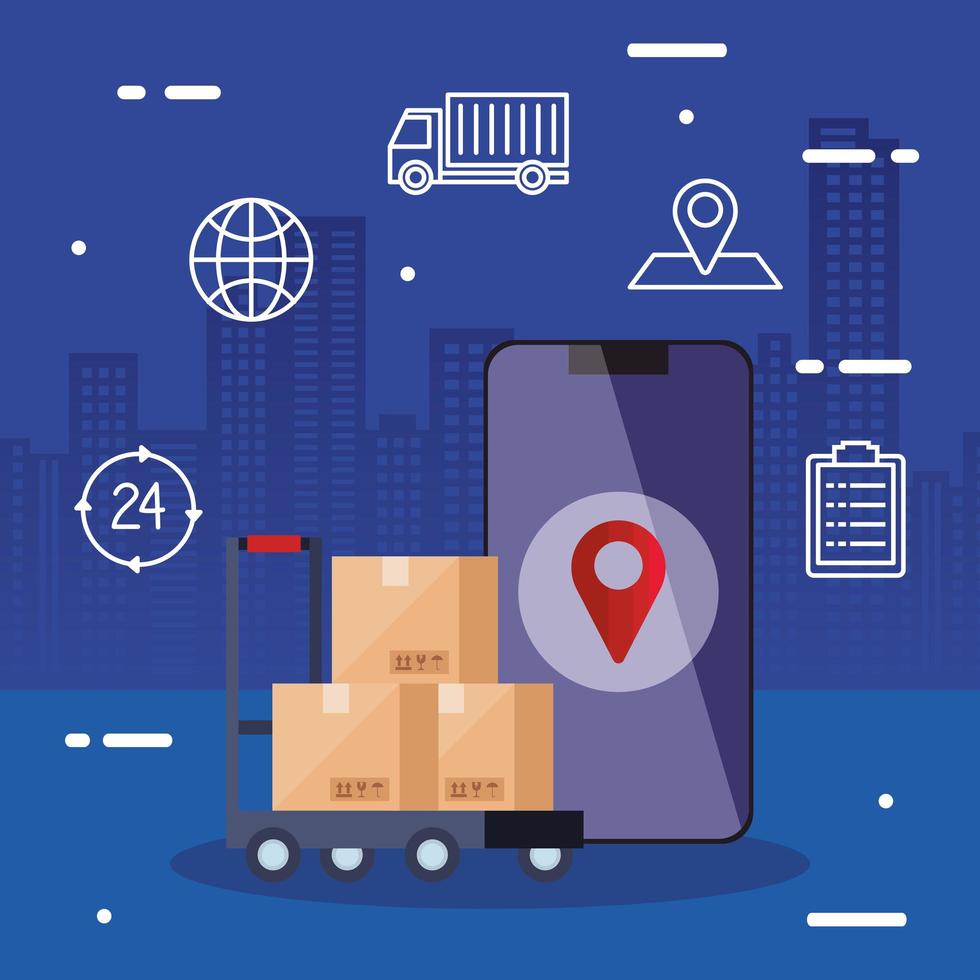 smartphone and boxes over cart vector design