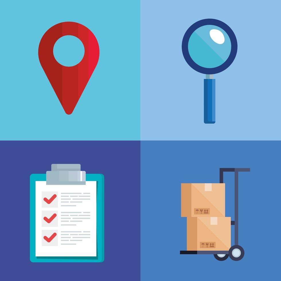 gps mark lupe list document and boxes over cart vector design