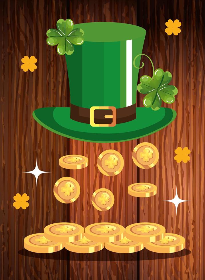 top hat leprechaun with coins in wooden background vector