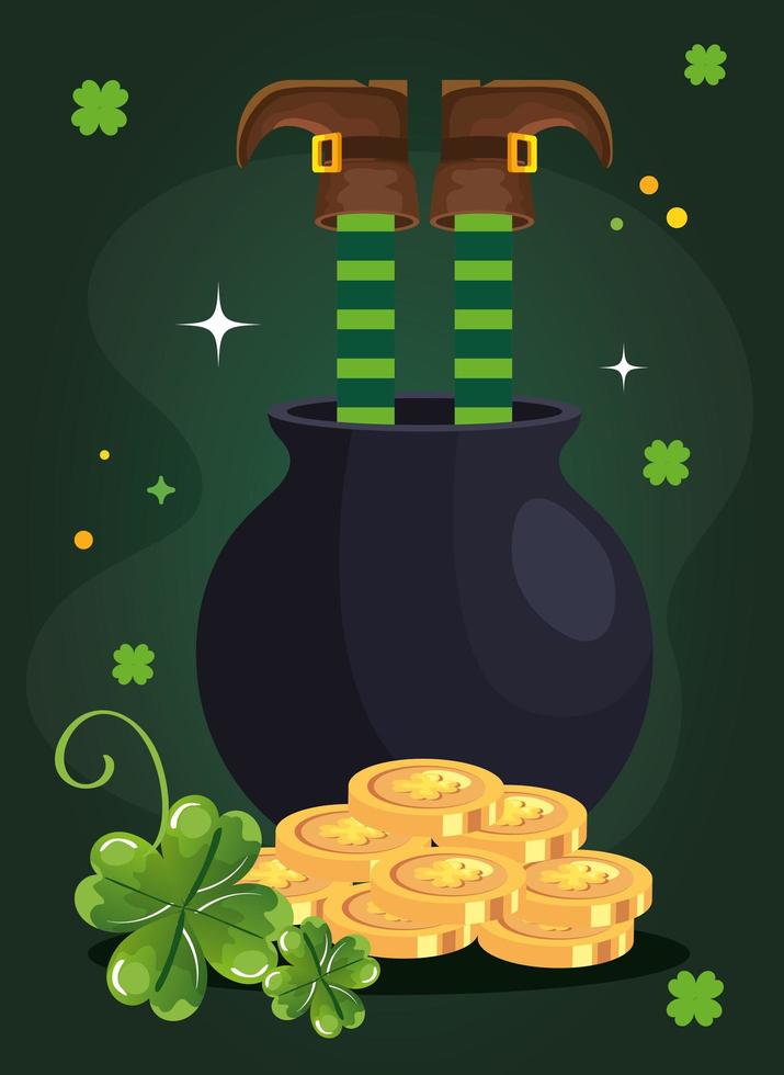 leprechaun legs in cauldron with decoration vector