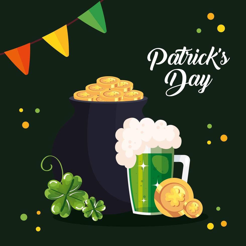 saint patrick day with cauldron and icons decoration vector