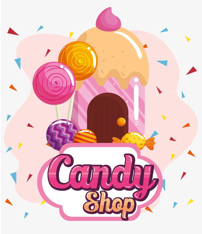 poster of candy shop with cupcake house delicious vector