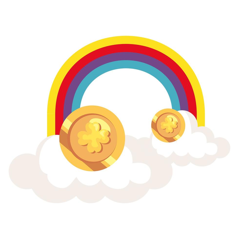 rainbow with clouds and coins isolated icon vector