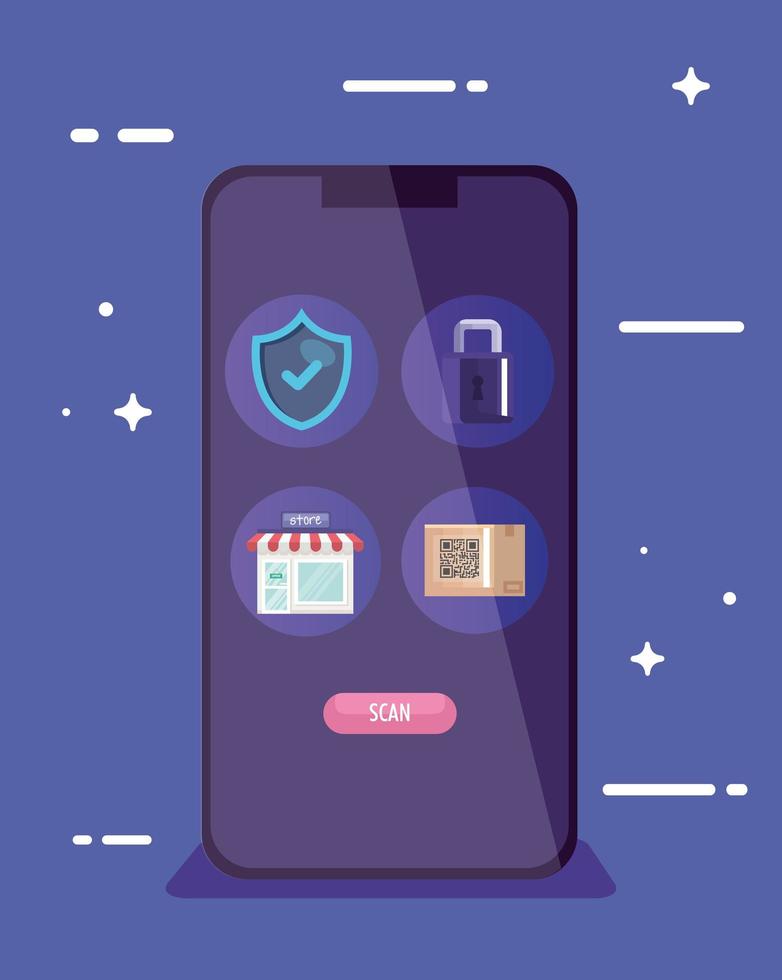 shield padlock store and qr code inside smartphone vector design