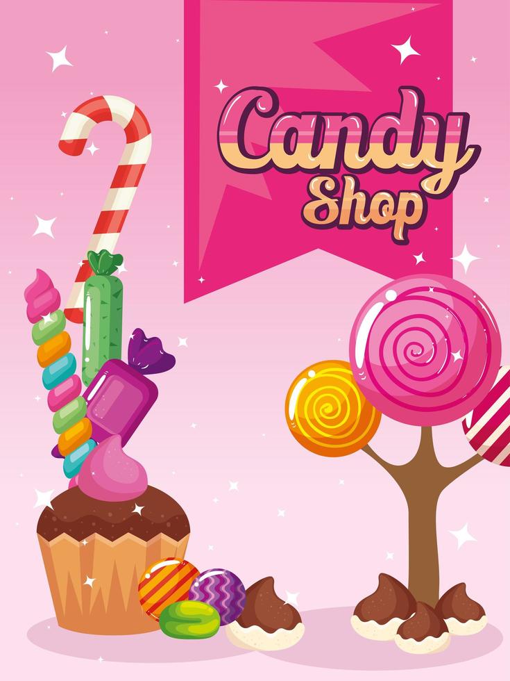 cartel de tienda de dulces con caramelos de paisaje vector