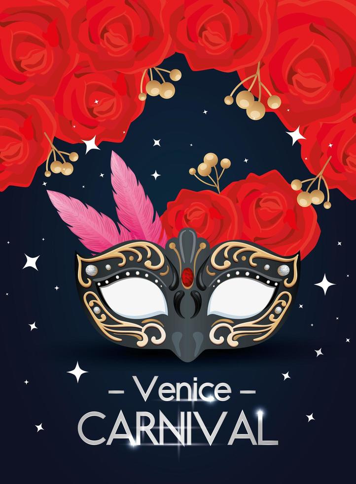 carnaval de venecia y máscara con flores rosas vector