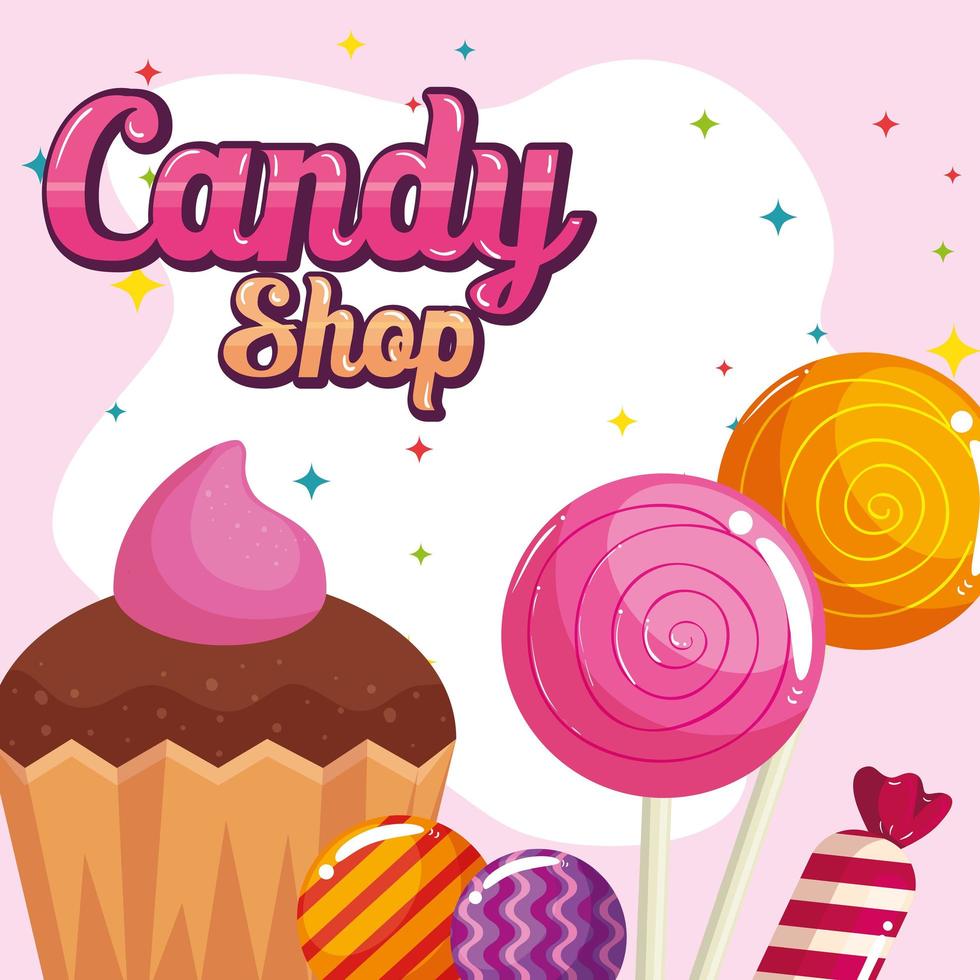 cartel de tienda de dulces con cupcakes y caramelos. vector