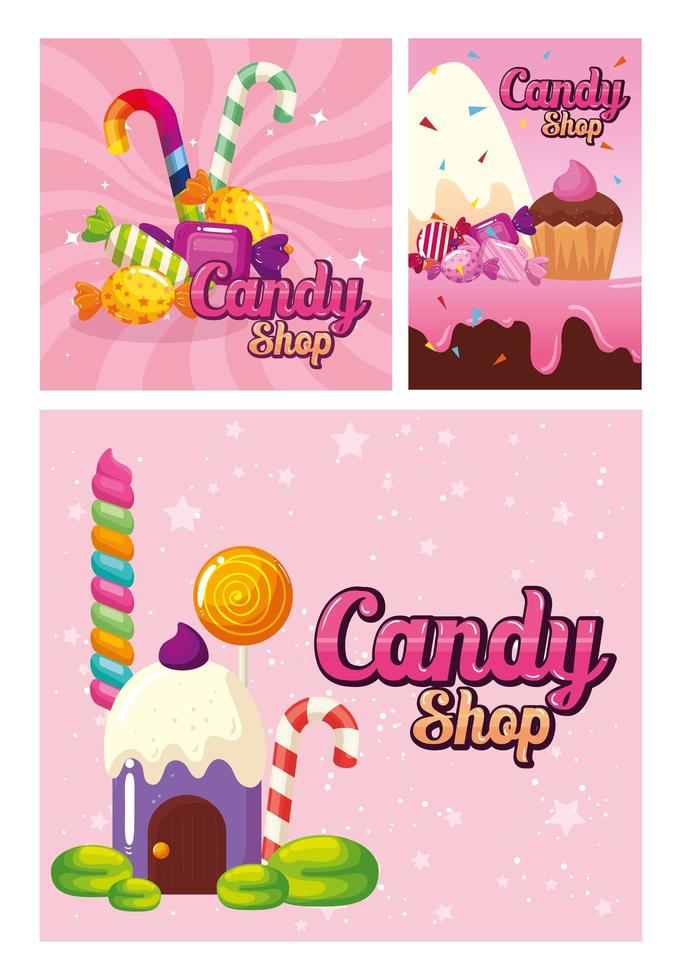 Establecer póster de tienda de dulces y decoración de caramelos. vector