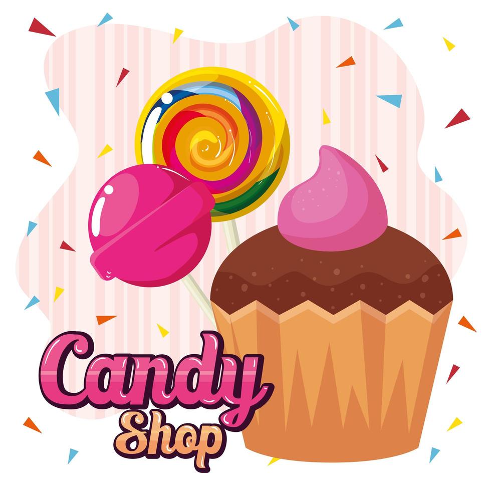 cartel de tienda de dulces con cupcakes y caramelos. vector