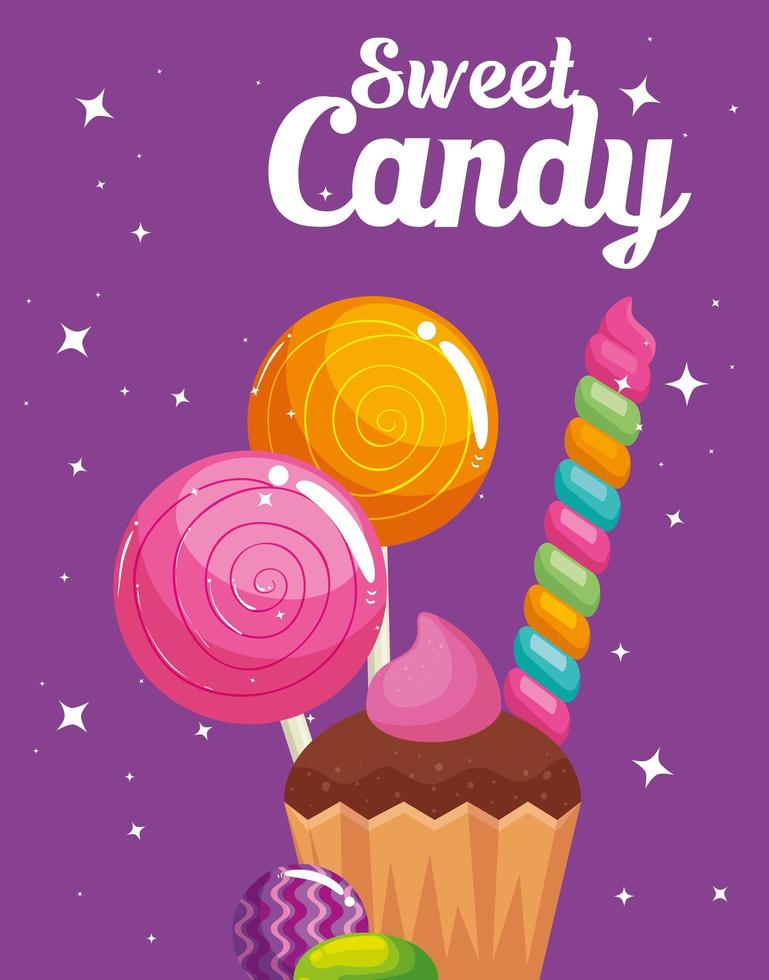 cartel de tienda de dulces con cupcakes y caramelos. vector