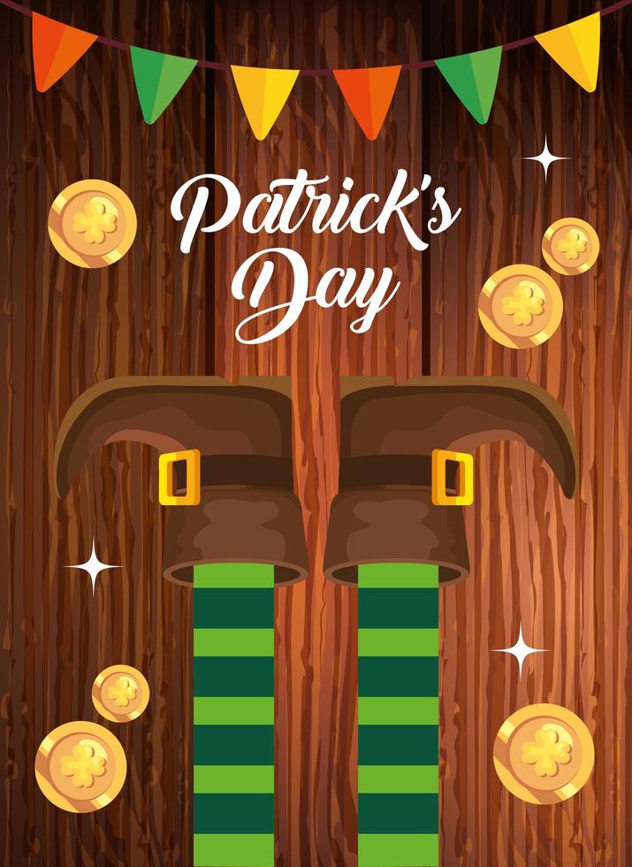 Día de San Patricio con piernas duende en fondo de madera vector