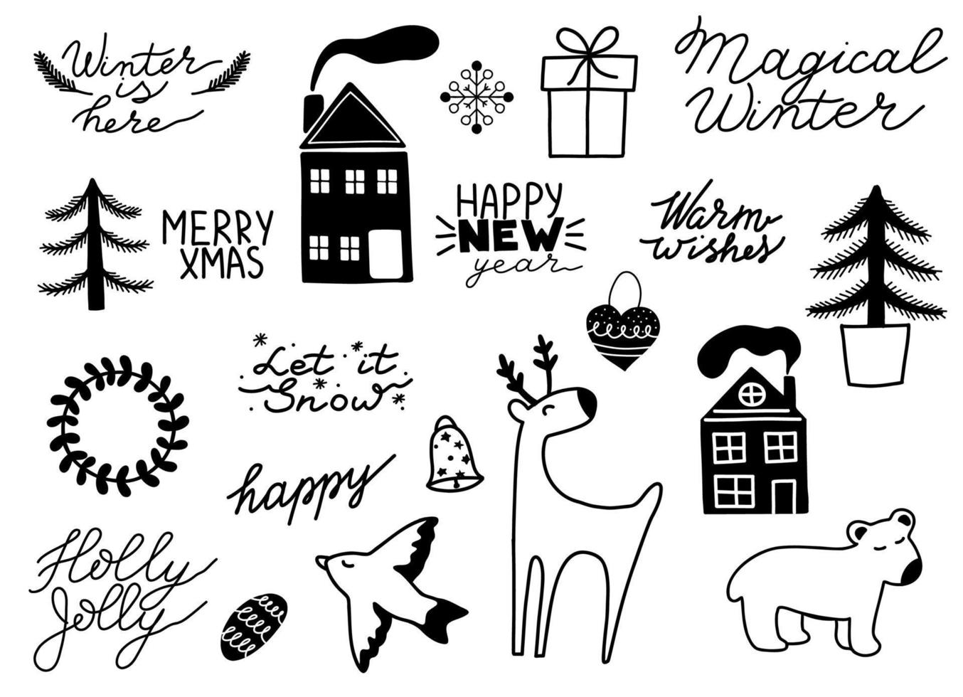 Collection of Scandinavian Merry Christmas And Happy New Year elements. Hand drawn lettering phrases. Vector illustration