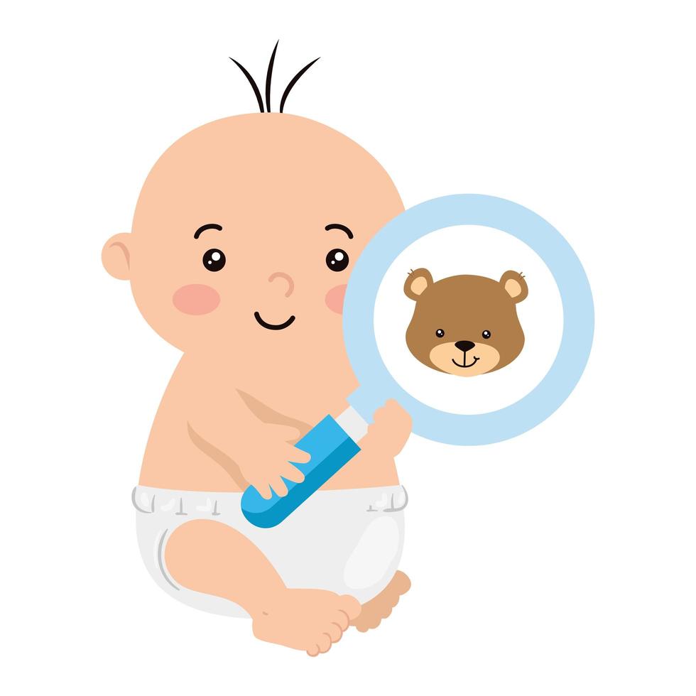 cute little baby boy with magnifying glass vector