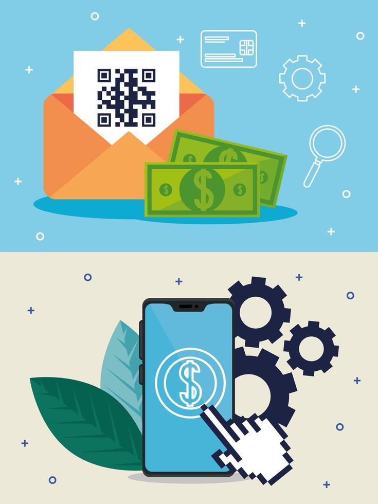 qr code inside envelope bills and smartphone vector design