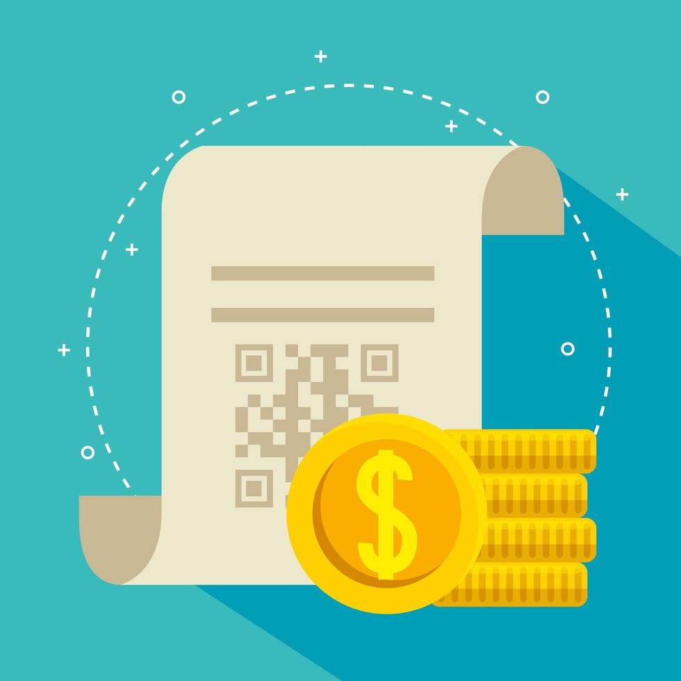 qr code receipt paper and coins vector design