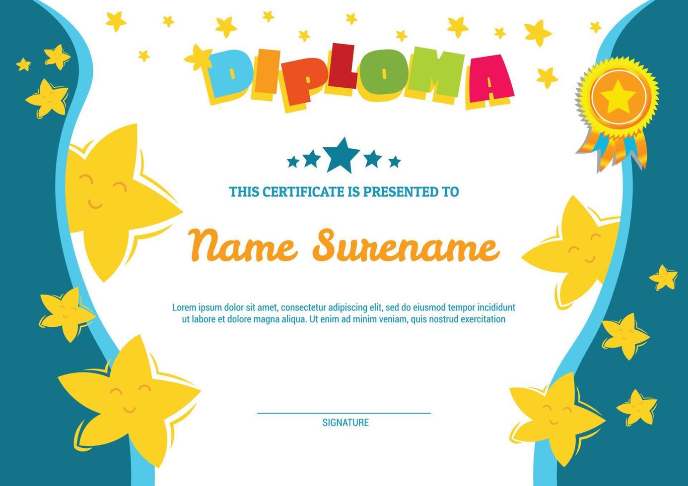 School diploma template certificate for kids with flying stars award appreciation and badge vector